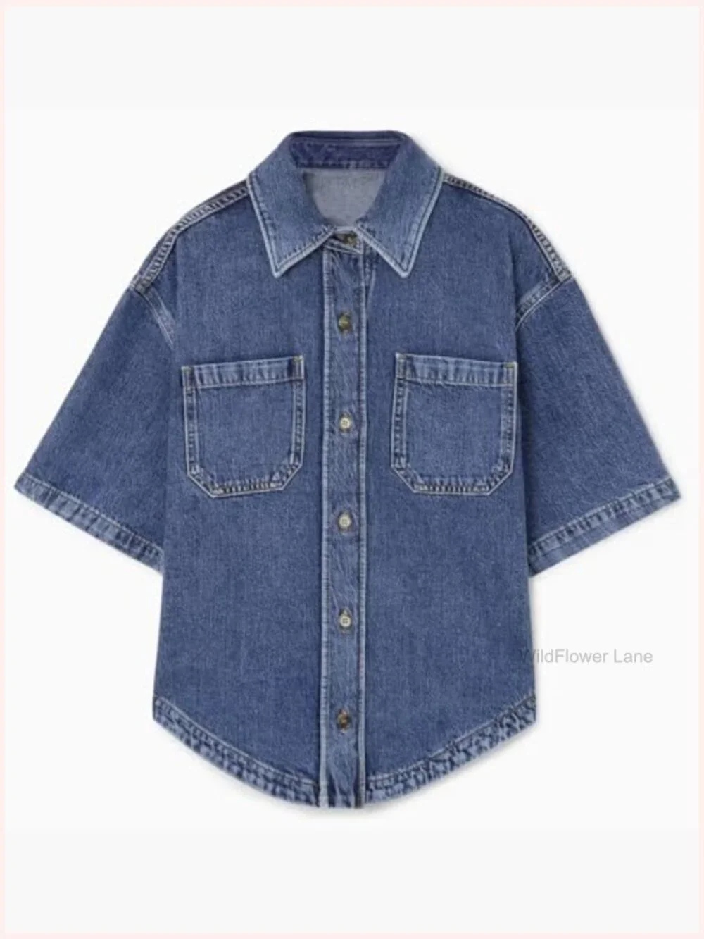 Women's Crop Denim Shirt Button Down Short Sleeve Oversized Jean Top - Picture 5 of 7